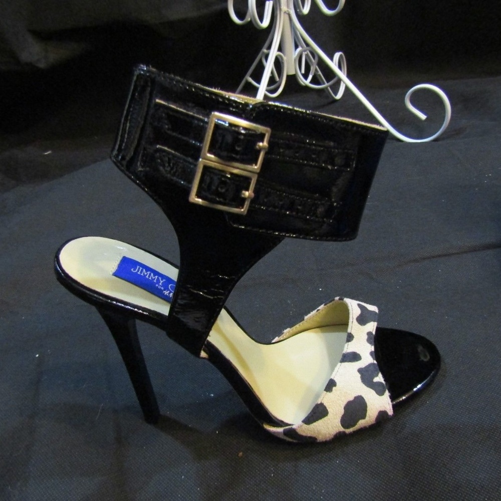 JIMMY CHOO Blk Patent & Suede Ankle Wrap Stiletto